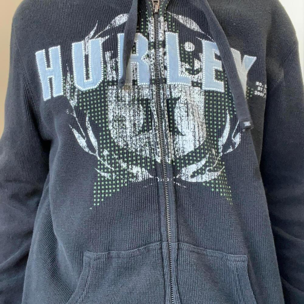 (L) Vintage 90s Y2K Hurley Full Zip Embroidered Hoodie Cyber Grunge Skate 2000s - Picture 2 of 2